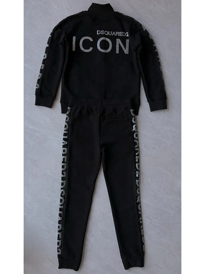 Black DSQUARED2 tracksuit with ICON back print on stand-collar jacket and matching joggers