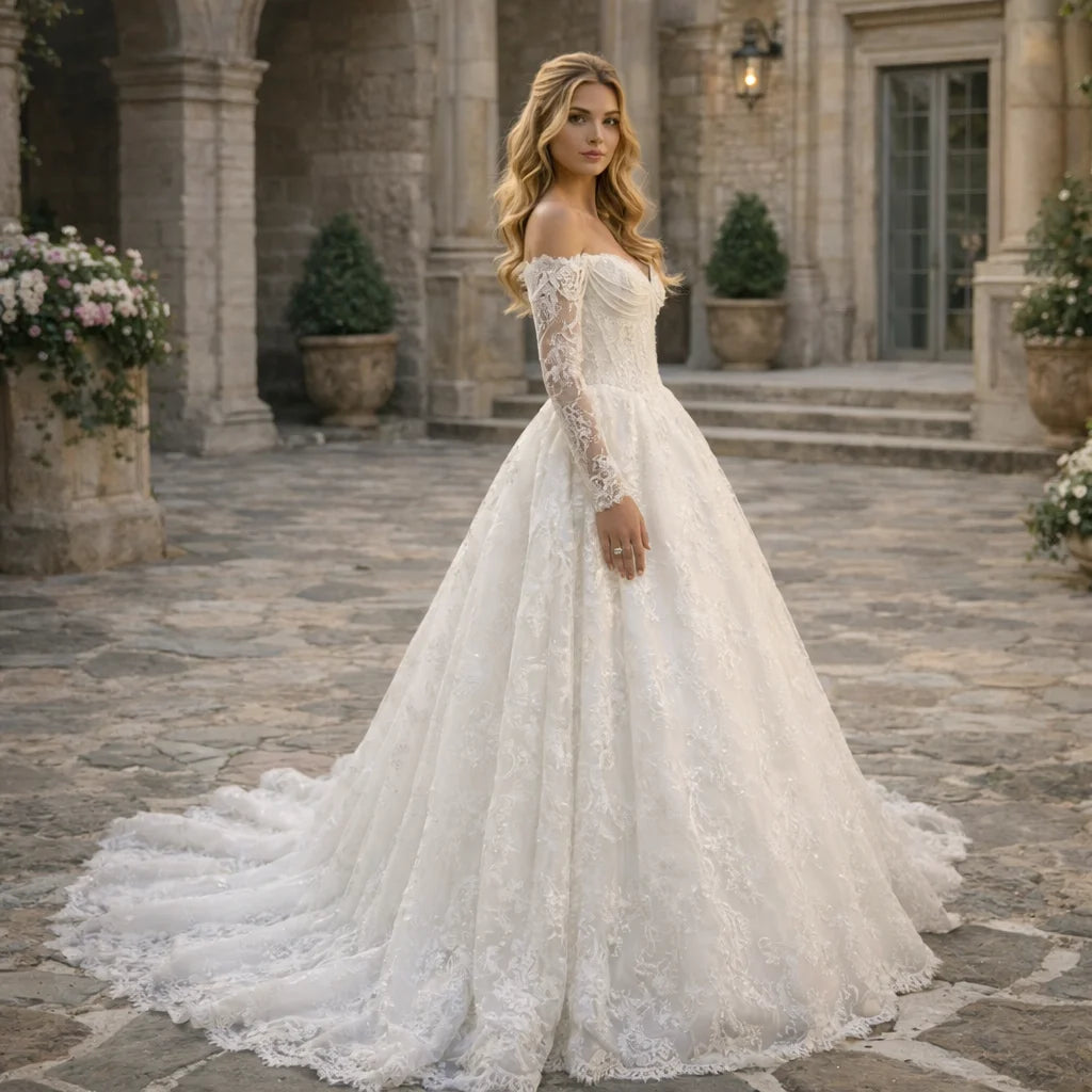 Show-stopping Sweet Off Shoulder Bridal Ball Gown