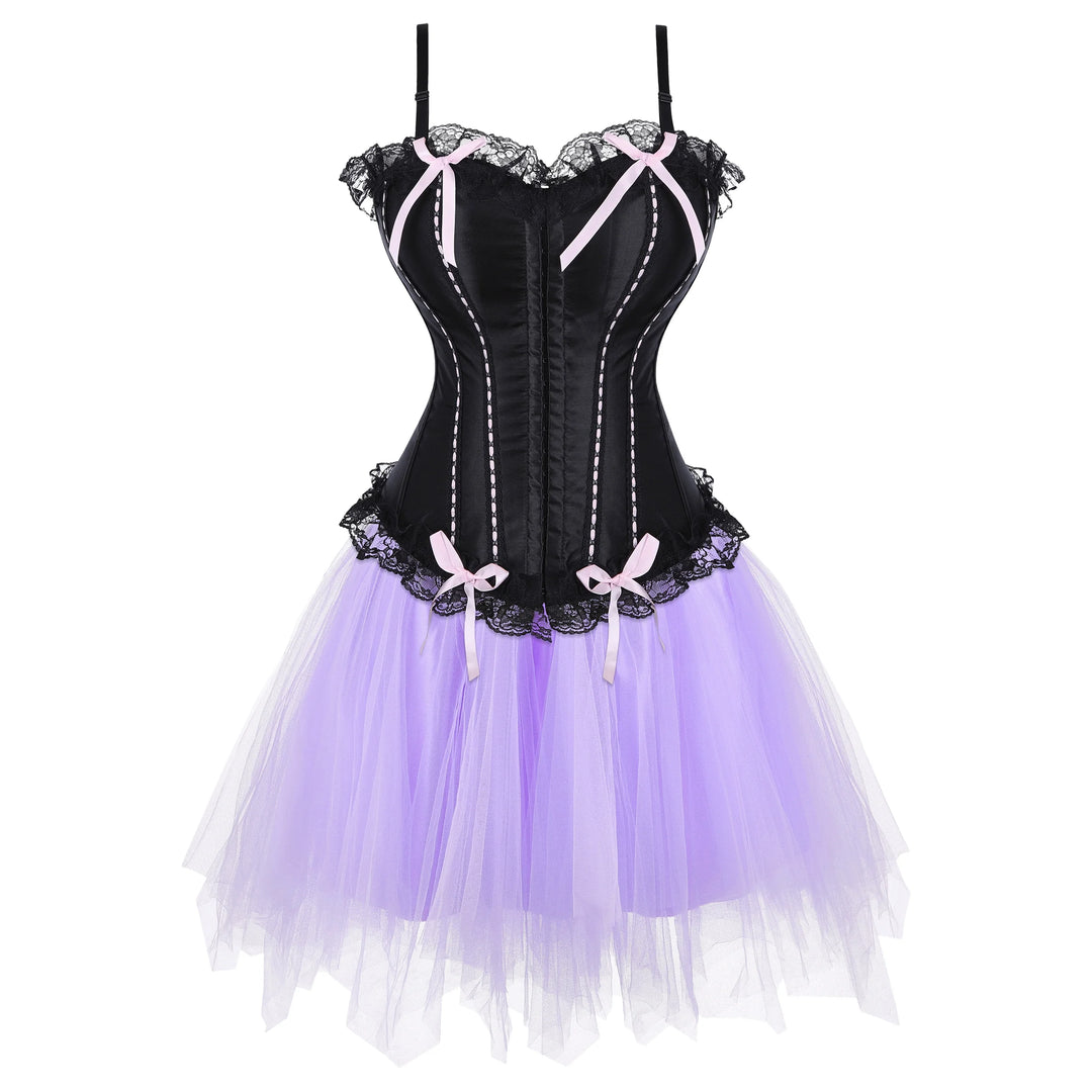 Black corset dress with lavender tulle skirt and lace trim, pink bows at waist