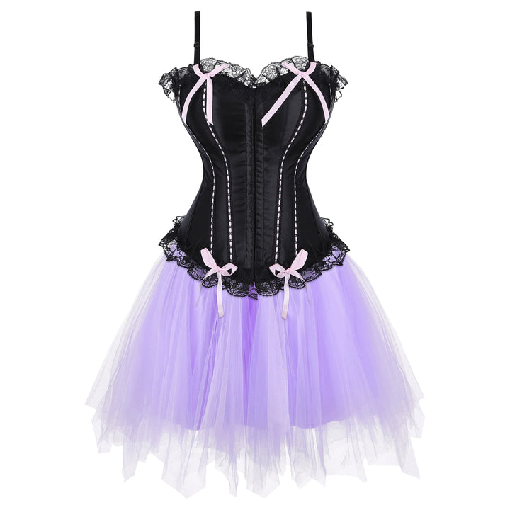 Black corset dress with lavender tulle skirt and lace trim, pink bows at waist