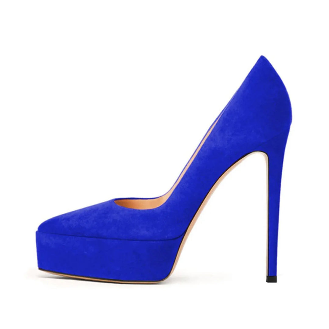 Blue faux suede platform high-heel pumps with pointed toe and stiletto heel