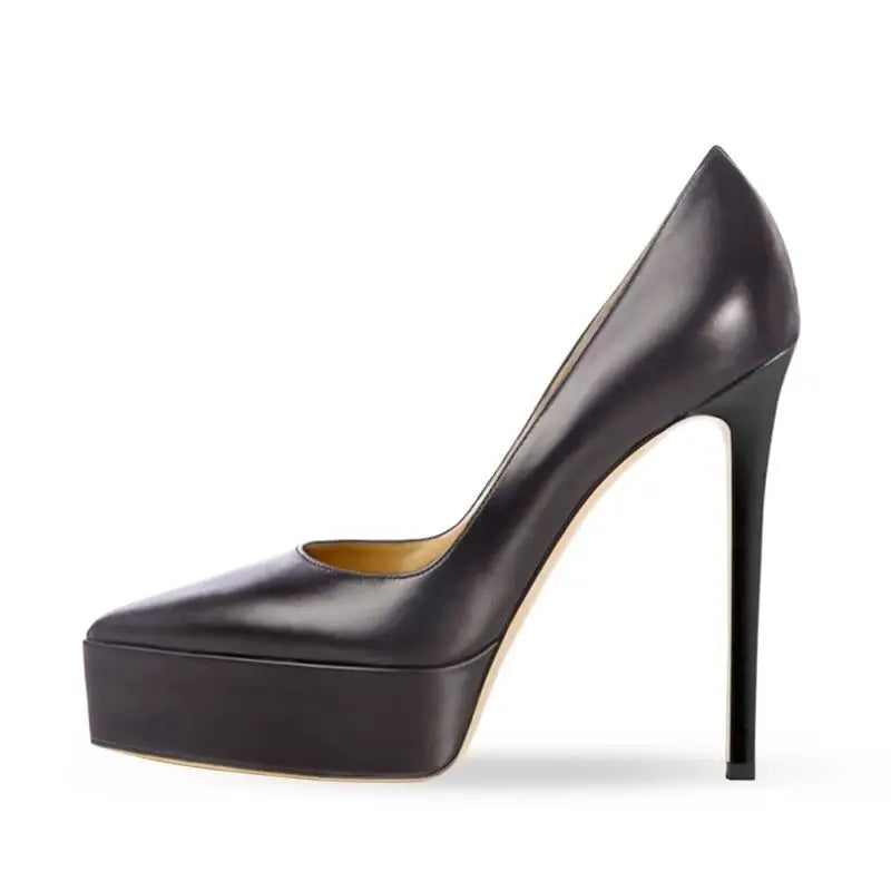Black slip-on high heel pump with platform sole and pointed toe