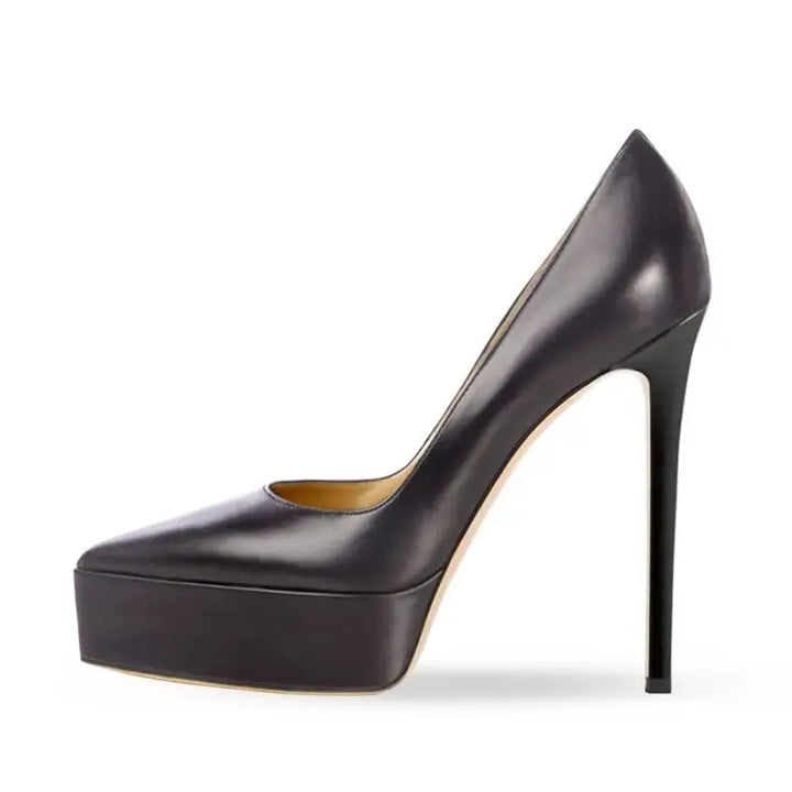 Black slip-on high heel pump with platform sole and pointed toe