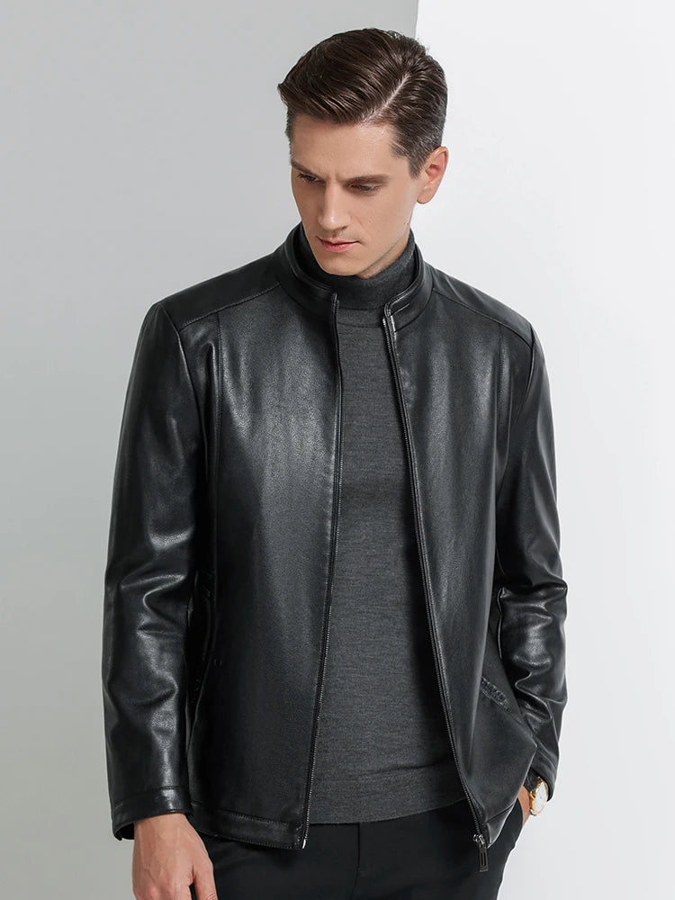 Black leather casual jacket with stand collar, front zip, and zippered cuffs
