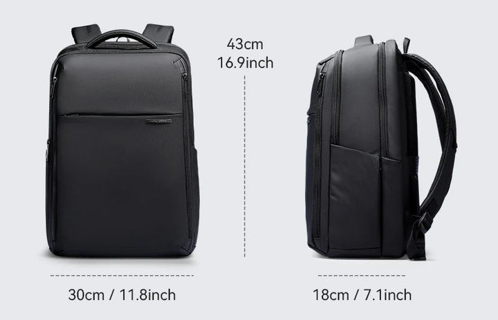 Black laptop backpack shown front and side views with top handle and front zip