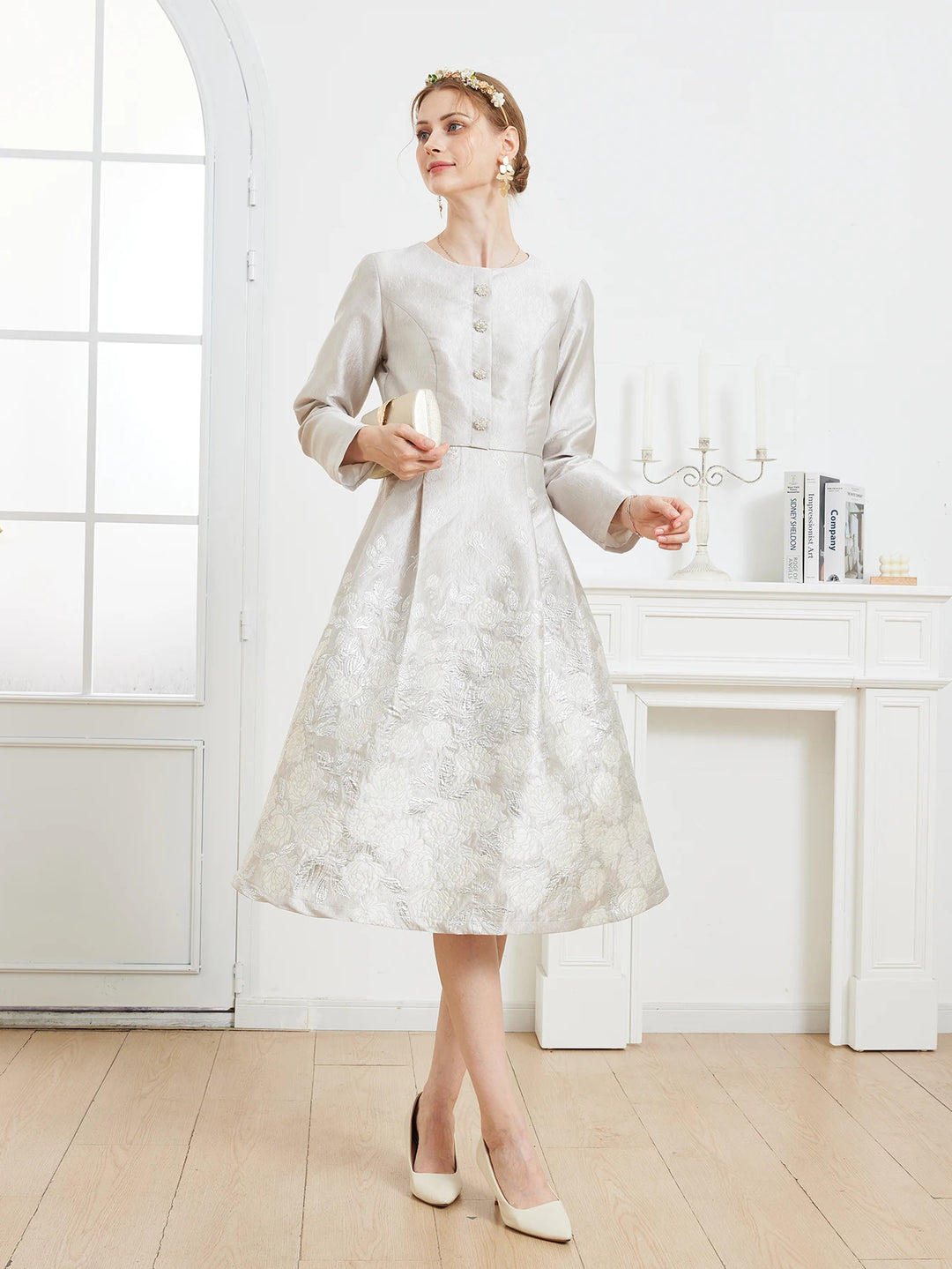 Elegant Floral Embroidery French Midi Gown