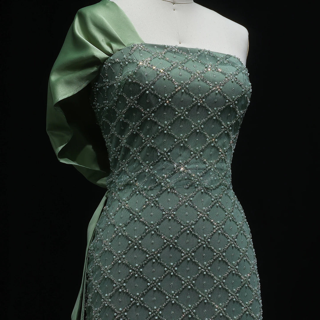 Luxury Green Beaded One Shoulder Evening Dress