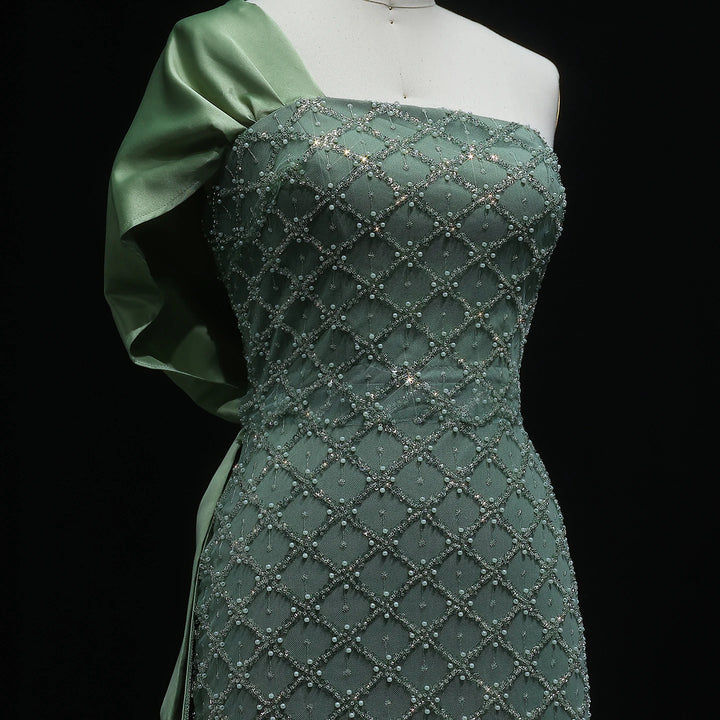 Luxury Green Beaded One Shoulder Evening Dress