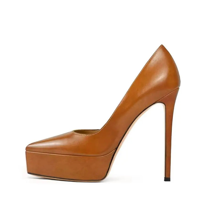 Brown high-heel platform pumps with pointed toe and slim stiletto heel