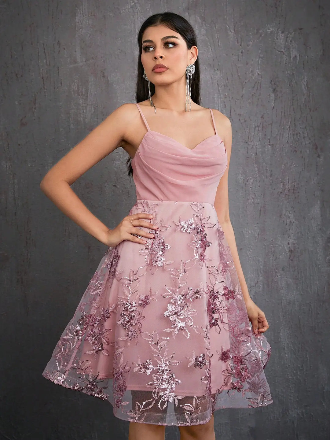 High-End Pearl Chiffon Short Dress