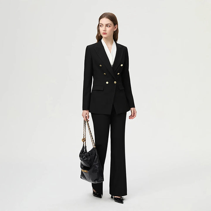 Women’s black office suit set with double-breasted blazer and straight tailored trousers