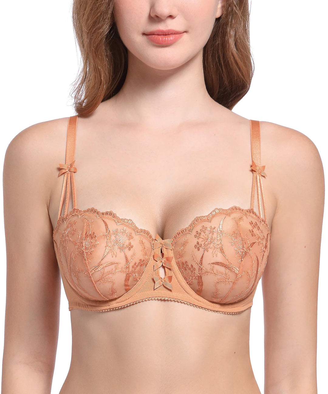 Women’s orange-brown sheer lace push-up bra with scalloped edges and center bow