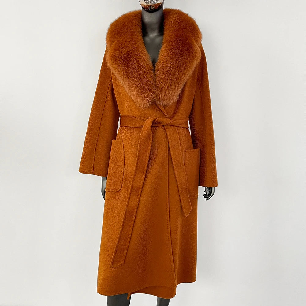 Elegant Natural Wool Fur Long Coat