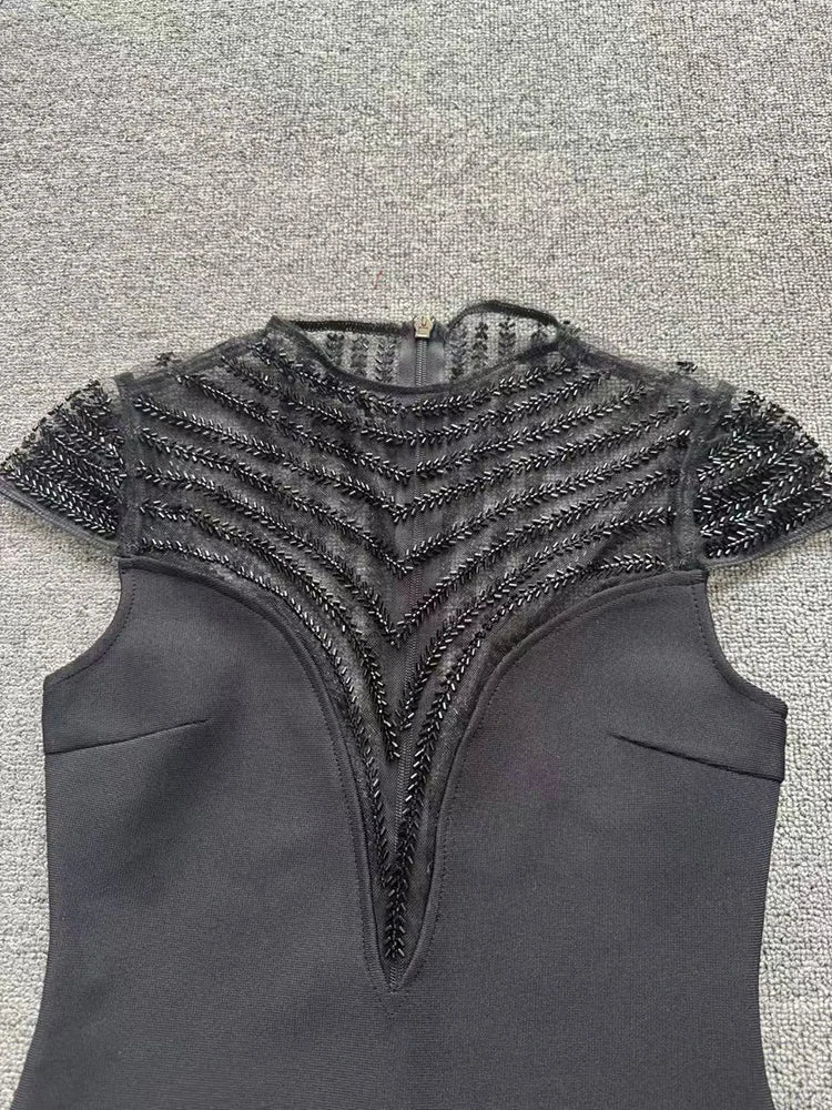 Classic O-Neck Mesh Beaded Cocktail Dress