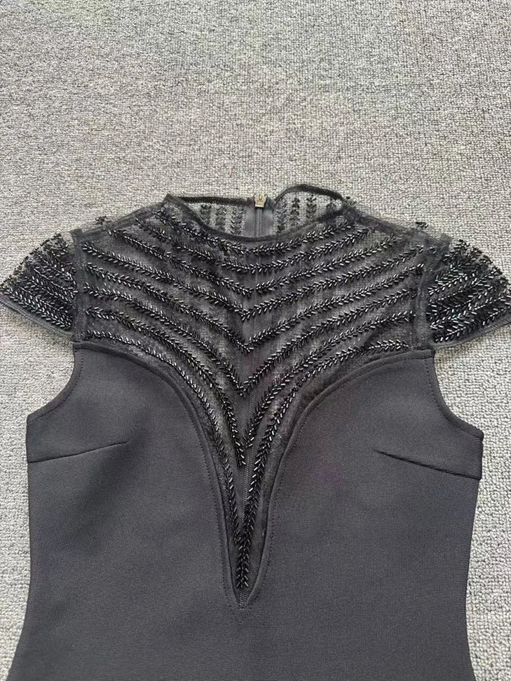 Classic O-Neck Mesh Beaded Cocktail Dress