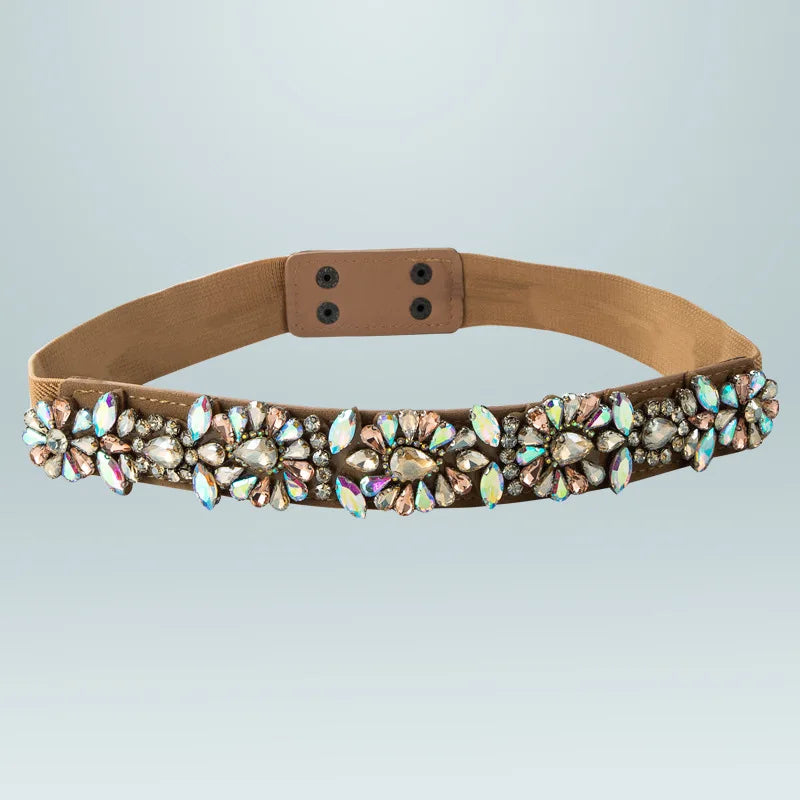 Rhinestone corset waist belt with tan band and multicolor gem flower clusters