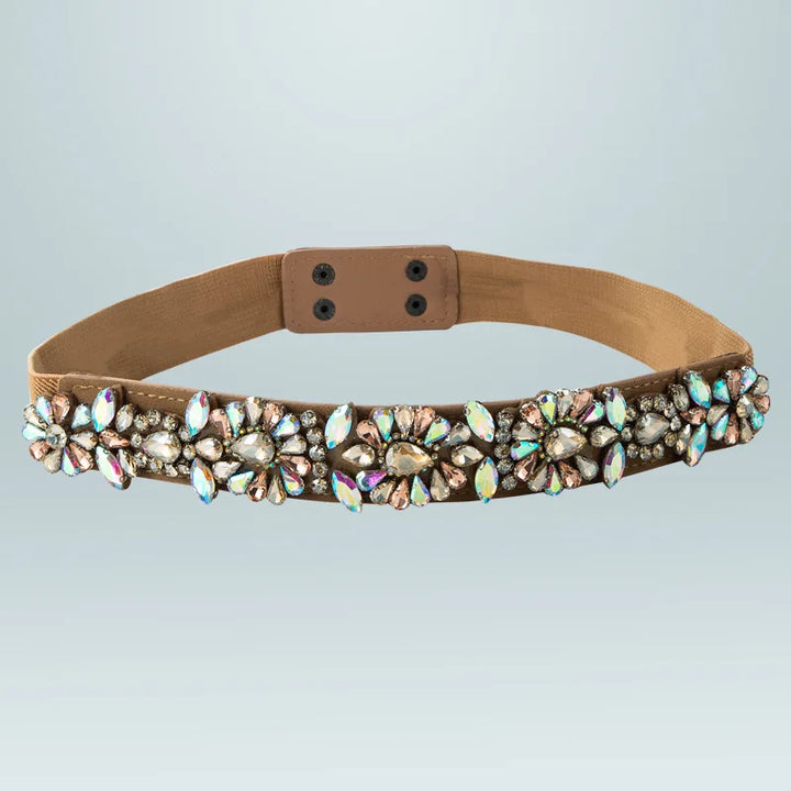 Rhinestone corset waist belt with tan band and multicolor gem flower clusters
