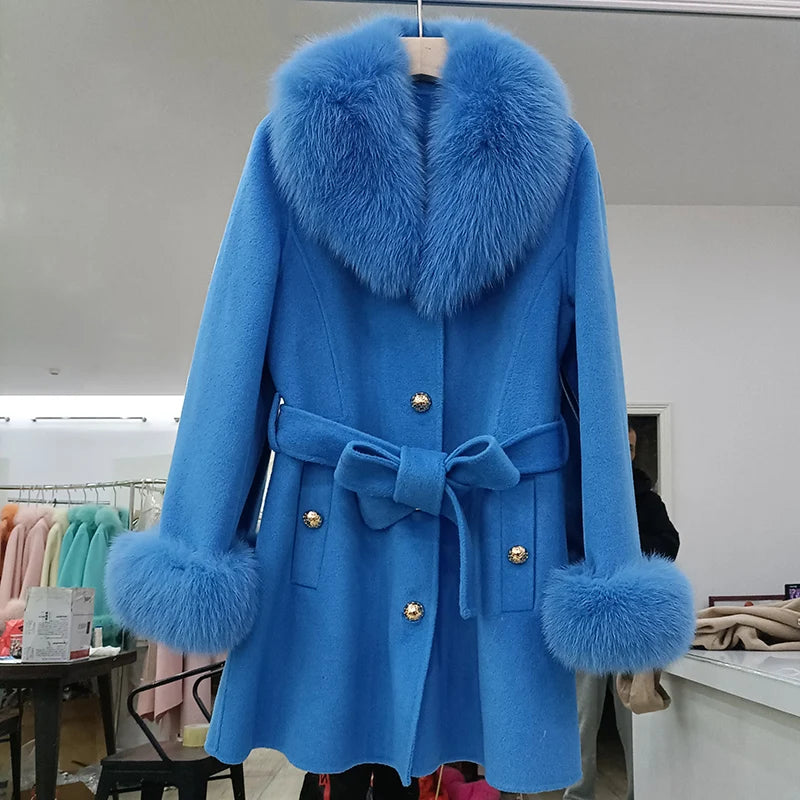 Elegant Fur Collar Slim Cashmere Coat