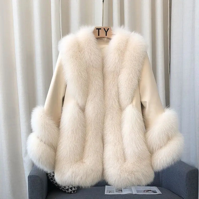 Women’s warm fur coat, white/ivory with open front and long sleeves with cuff fur
