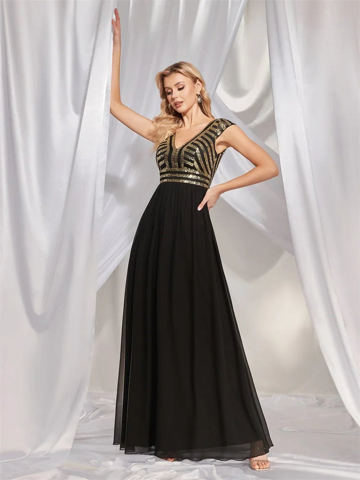 Black Sequin Short Sleeves Prom Dress