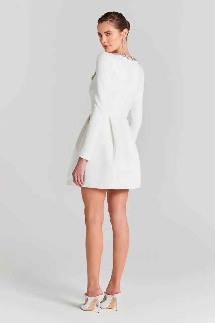 White long-sleeve mini dress, square neckline, fitted waist, A-line skirt