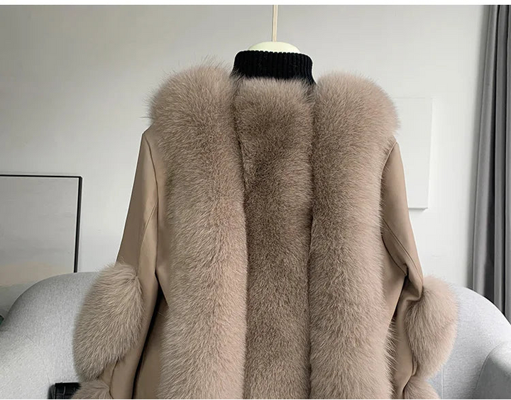 Women’s thick fur coat on hanger, open front and side pockets, beige fur texture