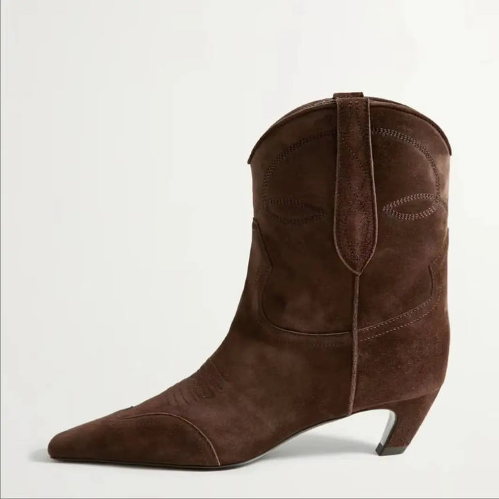 Brown faux suede women’s cowboy boots with embroidered stitched details and low heel
