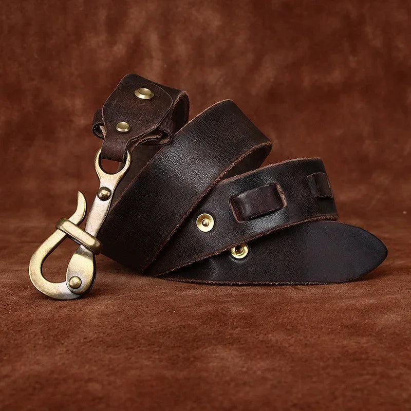 Dark brown distressed leather men’s belt with brass buckle and stitched keeper strap