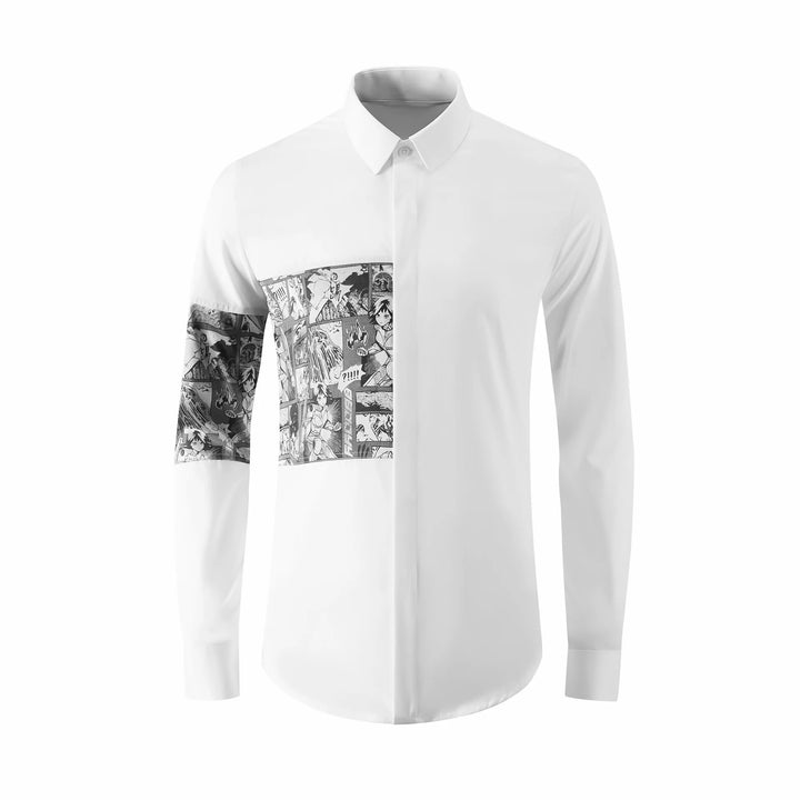 White slim fit dress shirt with comic-print front panel and long sleeves