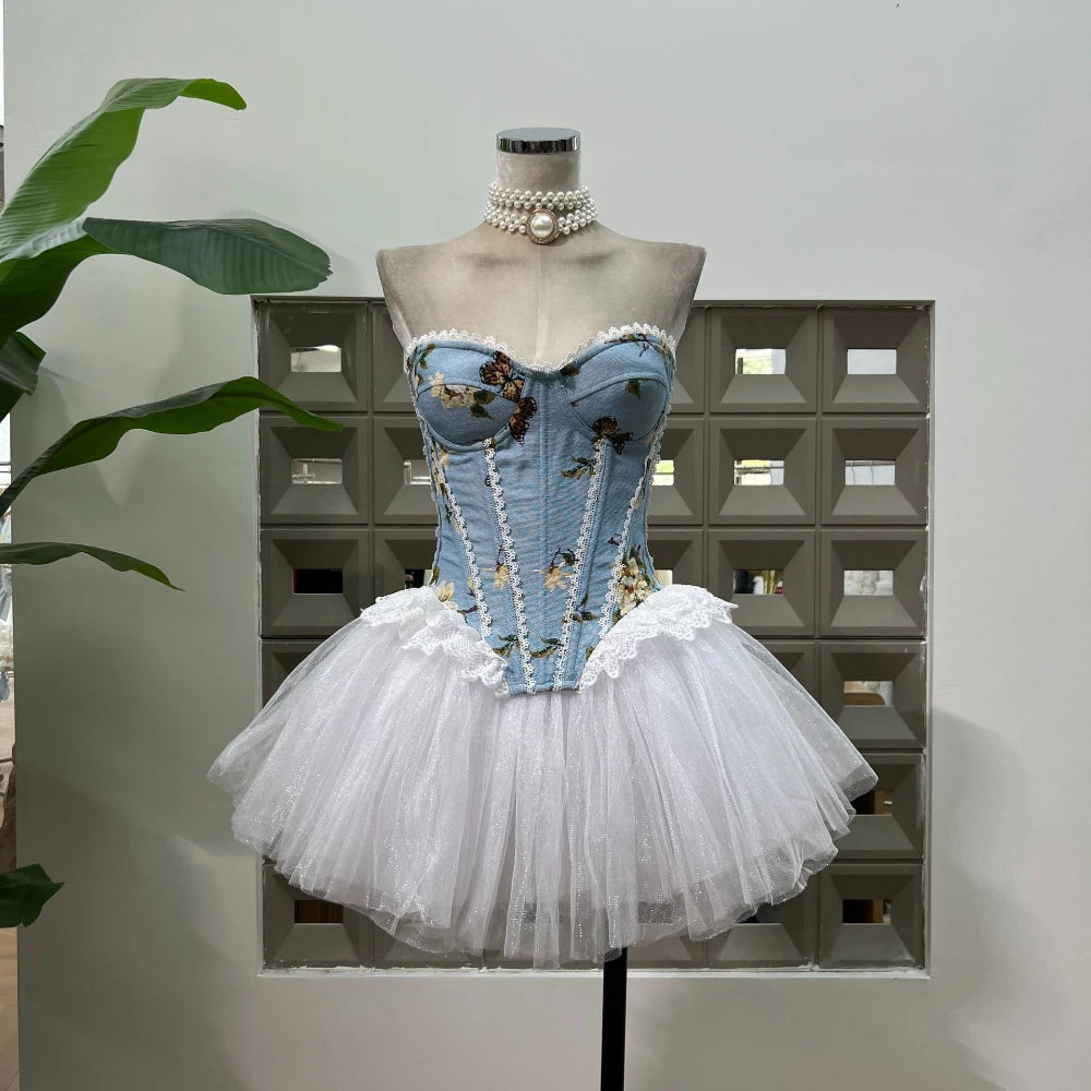Elegant Mesh Tulle Swan Corset Two Piece Dress