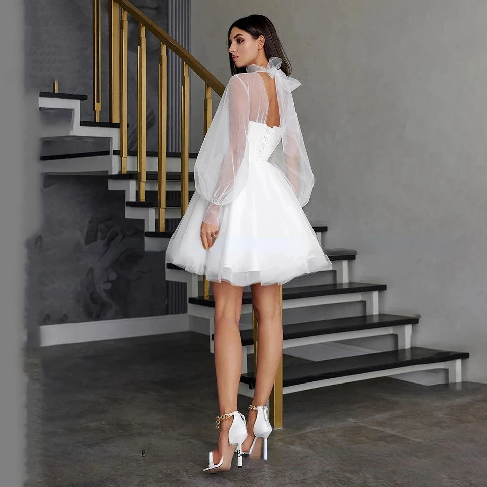 high neck short sleeve wedding dress High-Neck Cap A-Line Lace Summer Beach With Court Train The dress is lined with breathable natural cotton Short cuff sleeve sheath wedding