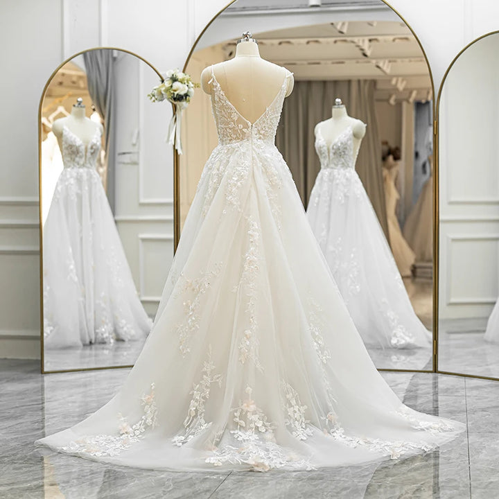 Robes de mariée classiques pour femmes, bretelles spaghetti, fermeture éclair, dentelle, coupe trapèze, col en V, robes de mariée QW01836