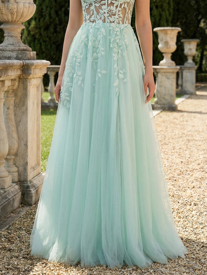 Delicate High Slit Lace Tulle Prom Gown