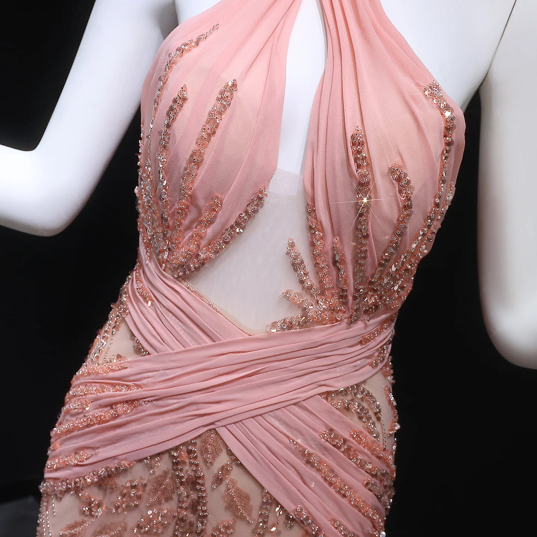 Luxury Halter Sequins Arabic Evening Gown