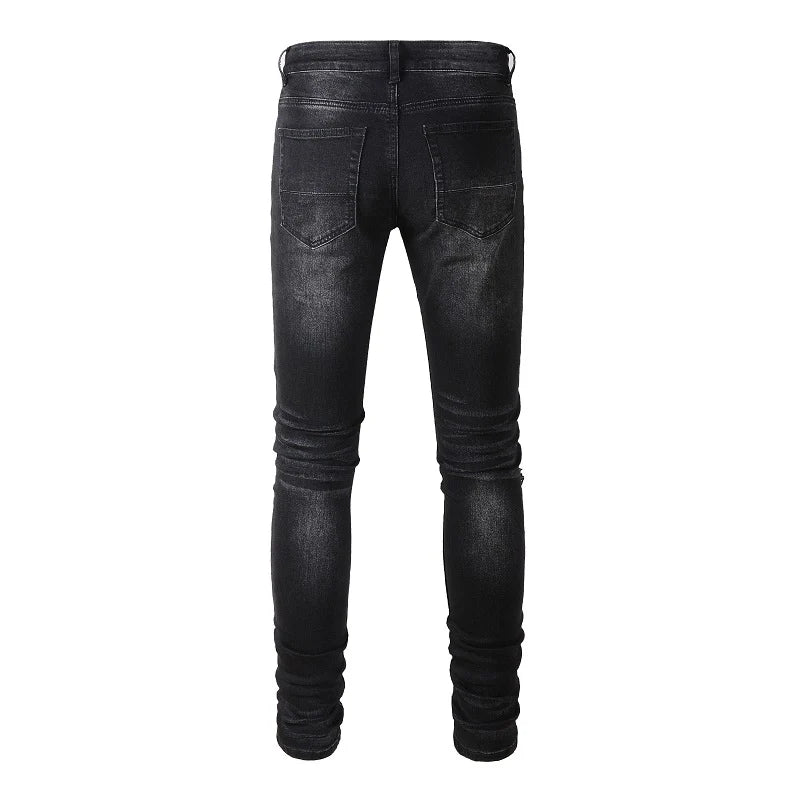 Bold Cracked Patch Biker Jeans Pants