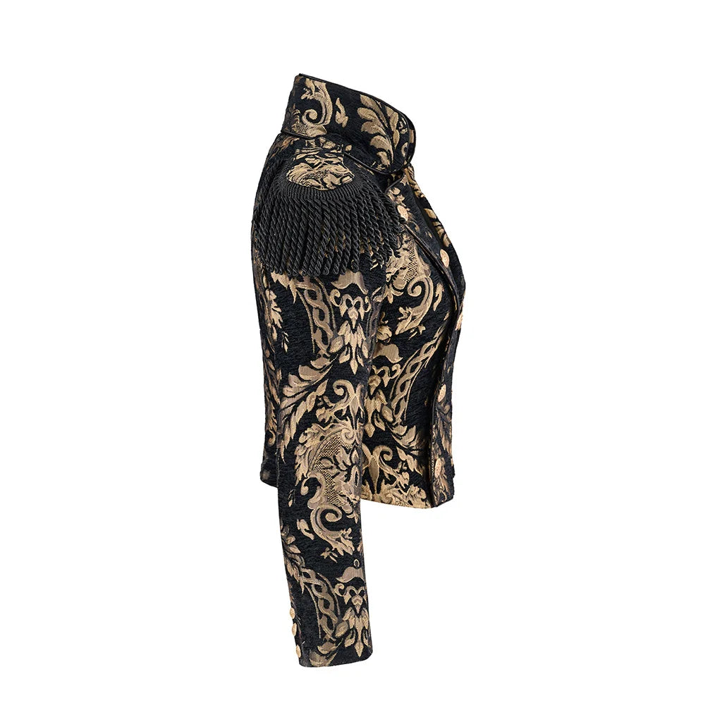 Women’s black and gold brocade steampunk coat, stand collar, side view