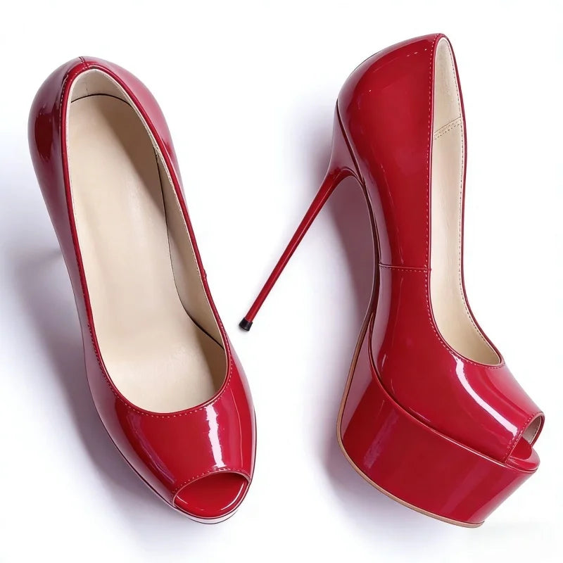 Red patent leather peep-toe platform high heel pumps, top-angle pair view