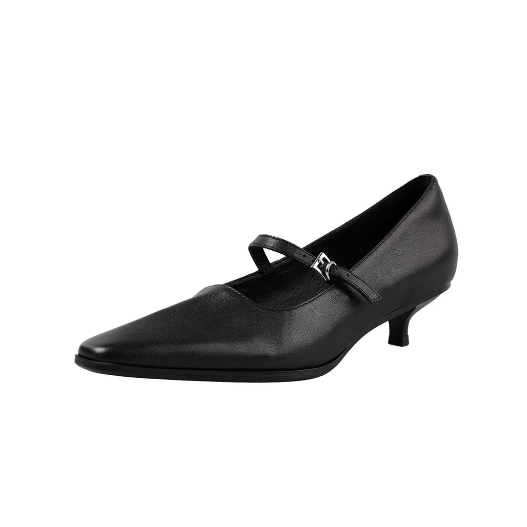 Women’s black kitten heel pumps, almond toe, ankle strap with buckle