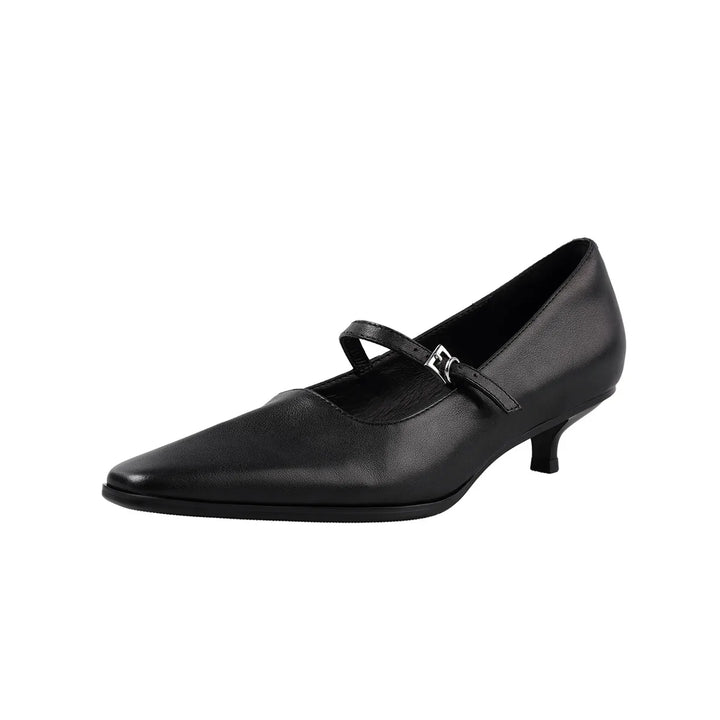 Women’s black kitten heel pumps, almond toe, ankle strap with buckle