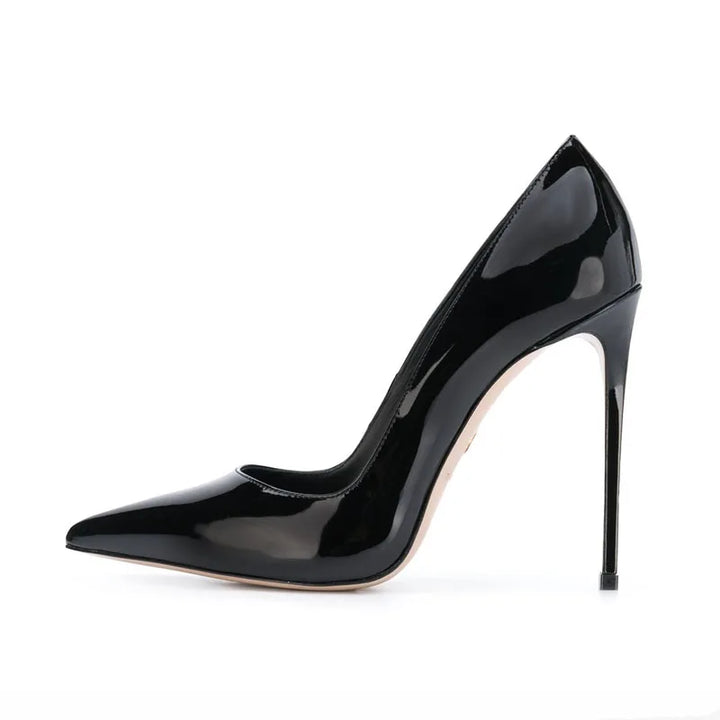 Women’s high-heel patent leather pumps, glossy black, pointed toe, stiletto heel