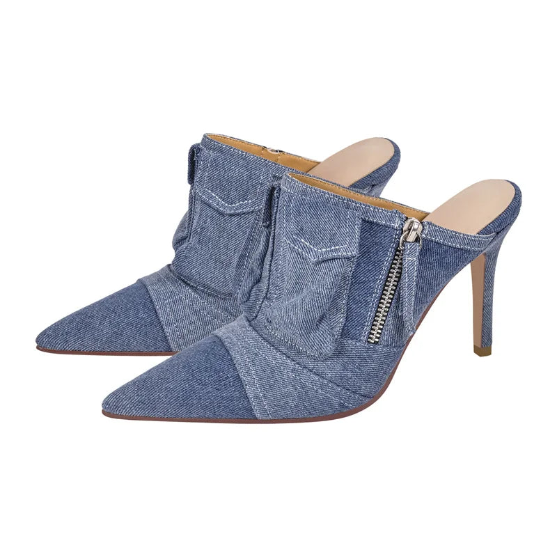 Denim Pointed Toe Stiletto Mules