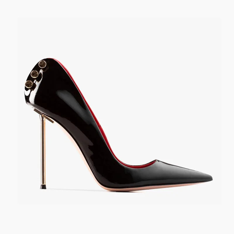 Black pointed-toe leather heel pump with red lining, gold studs, tall stiletto