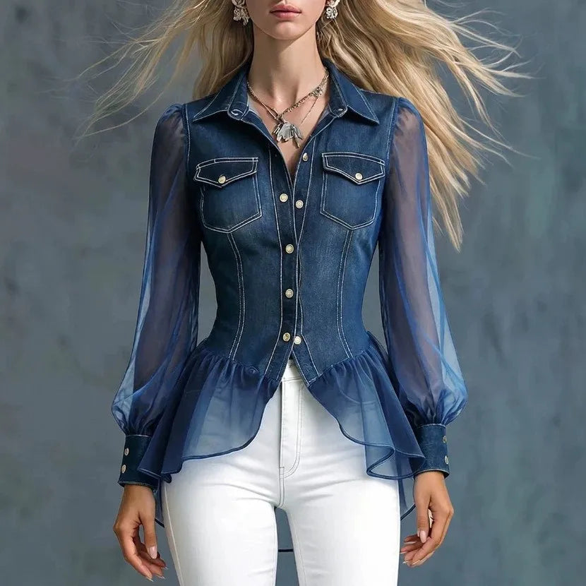 Women’s deep blue denim peplum blouse with chest flap pockets and sheer sleeves