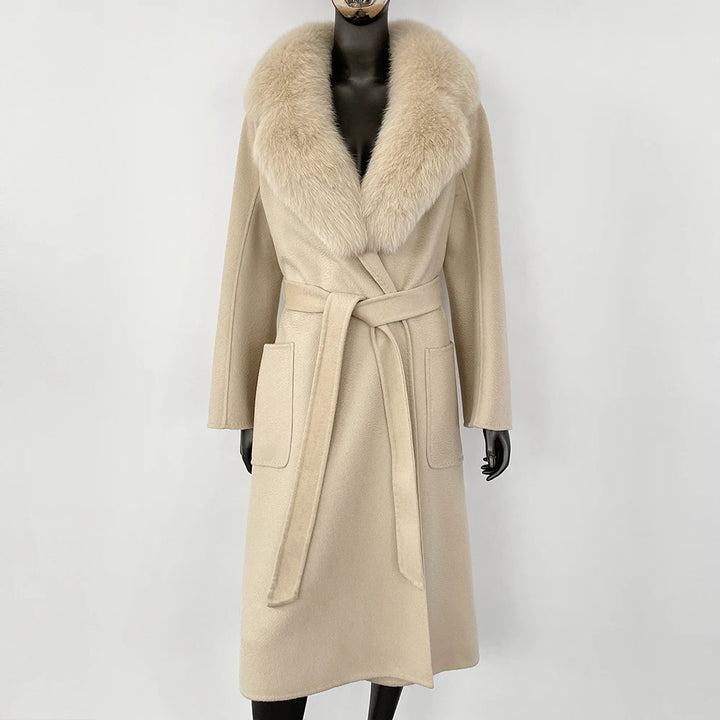 Elegant Natural Wool Fur Long Coat