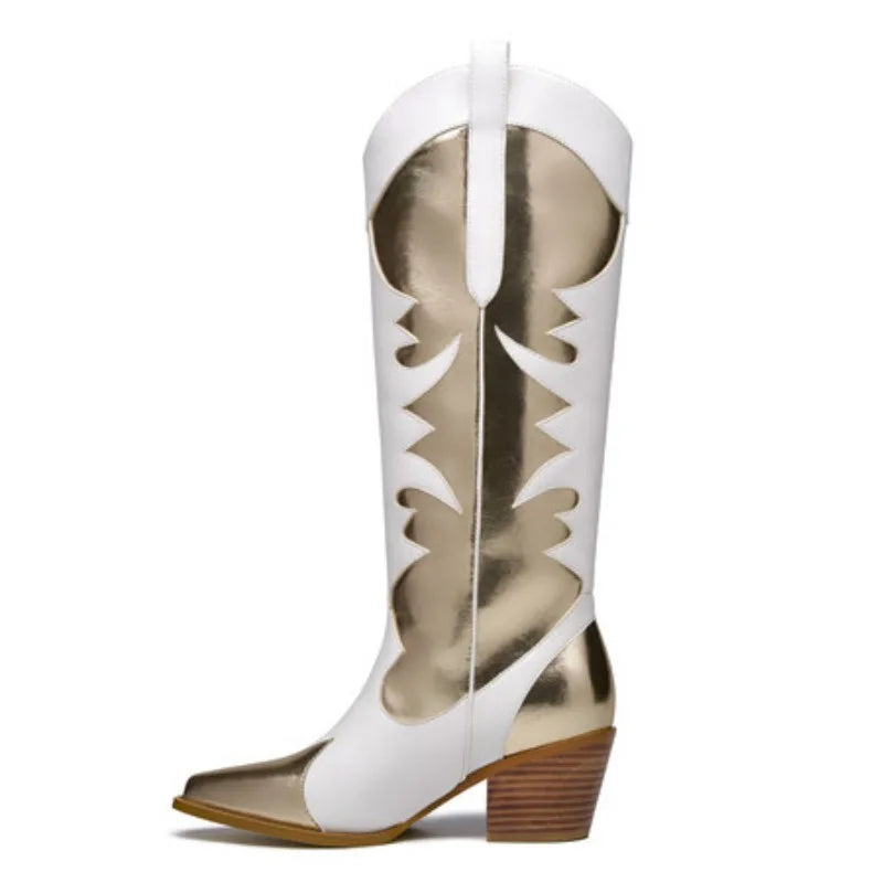White knee-high boots with pointed toe, gold inner lining, floral cutout panels, block heel