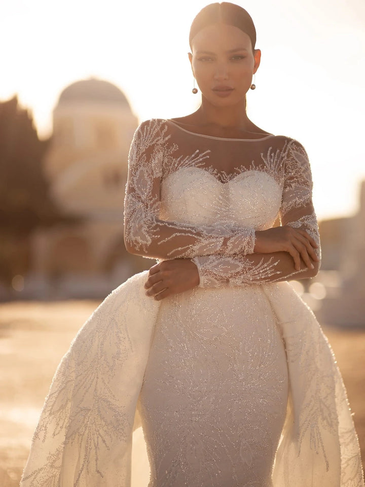 Modest Sparkling Wedding Dress With Detachable Tail