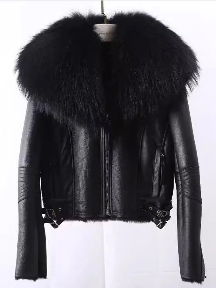 Women’s sheepskin fur jacket in black; front zip with thick black fur collar