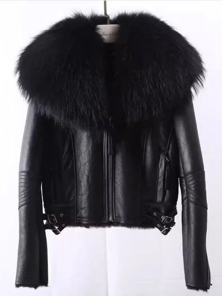 Women’s sheepskin fur jacket in black; front zip with thick black fur collar