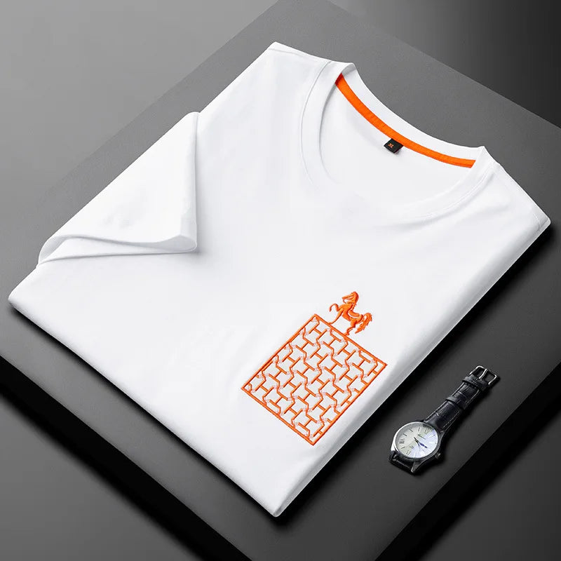 White men’s round-neck tee with orange-trim collar and small embroidered logo front