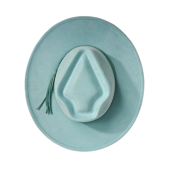 Women’s suede arrow top hat in light blue, wide brim with curled tassel on side.